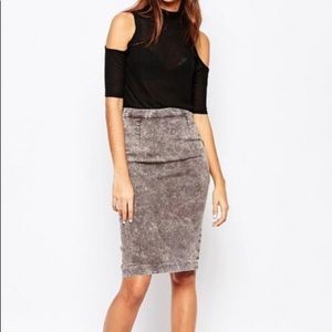 Distressed grey denim pencil skirt